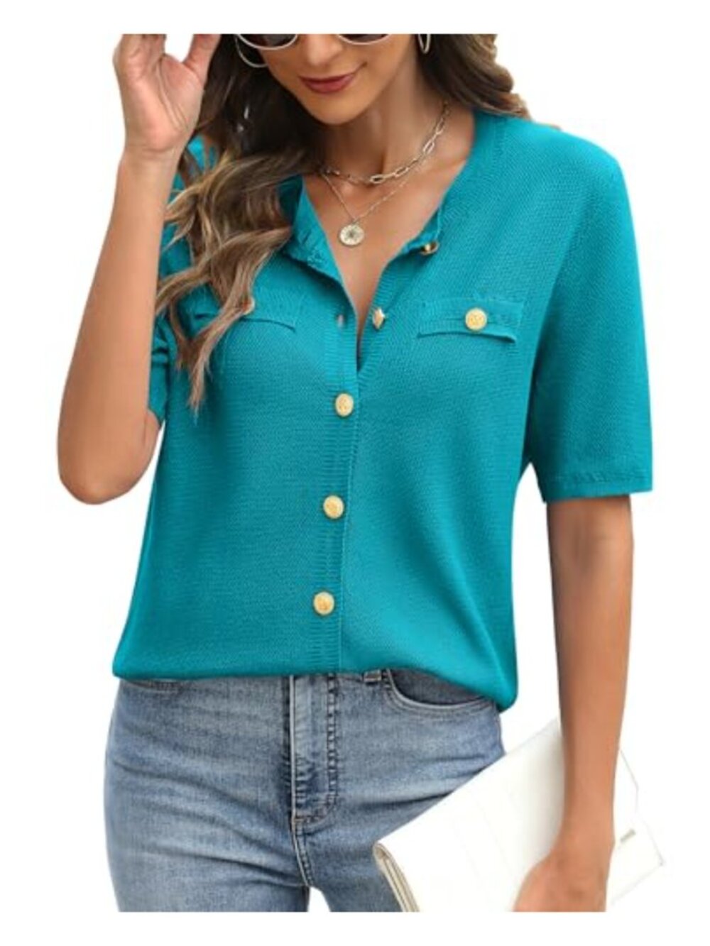 Women's Summer Button Down Blouse Short Sleeve Crew Neck Knit Top Viscose